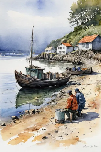 Watercolor Painting Painting - North Bay Squatters by Andre Salvador,fishing village,fishing boats,fishermen,watercolor,fishing trawler,watercolor painting,fishing boat,small boats on sea,fisherman,wa