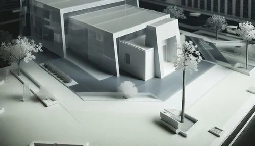 an aerial view of a building with trees in the foreground,prefabrication,procedural,prefabricated,propounds,prefabricated buildings,prefab