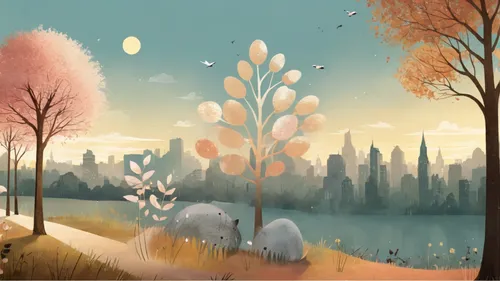 [ park in the city, under the beautiful sky at sunset ] clipart, organic forms, in the style of Jon Klassen, desaturated light and airy pastel color palette, nursery art,background vector,autumn backg