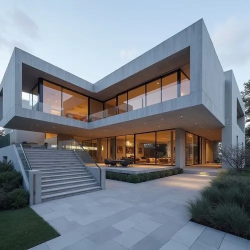 A hyper-realistic, high-resolution architectural photograph capturing a striking, multi-level contemporary home constructed primarily from smooth, exposed concrete. The design is characterized by dram