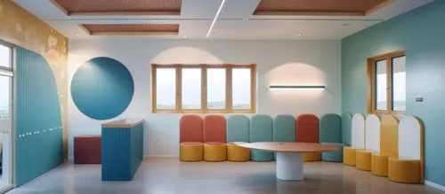 international kids school reception area n waitng area ,a room with a round table and colorful chairs,mahdavi,foscarini,doctor's room,cappellini,children's interior,vitra