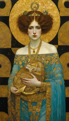 paintings by gustav gustav klimt woman holding gold halide painting, klimt, lithograph, lithograph,, in the style of classicist portraiture, manticore, close-up, dark gold and light azure, neo-classic