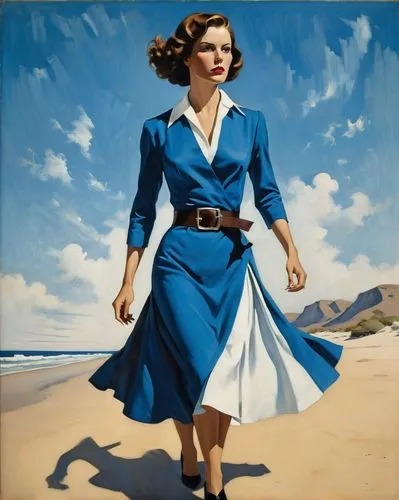 An enigmatic digital illustration: A woman with a vibrant blue dress, adorned in a black belt, and a white collar stands tall. Her gaze, directed sideways, adds mystery; her brown hair adds a splash o