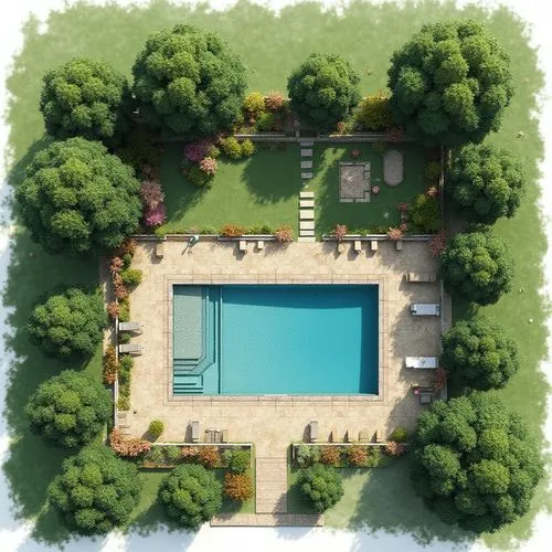 create a site plan that includes vegetation with large trees surrounding the perimeter with a pool inside the boundaries and recreational areas


,an overhead view of a pool and landscaped garden,outd