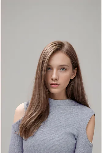 female model,girl in t-shirt,grey background,long-sleeved t-shirt,women's clothing,colorpoint shorthair,british semi-longhair,portrait background,artificial hair integrations,asian semi-longhair,young