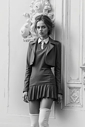a pencil sketcche,black and white pograph of a woman in a skirt and knee boots,vintage female portrait,vintage girl,vintage woman,vintage fashion,girl in a historic way,twenties women,colorization,cha