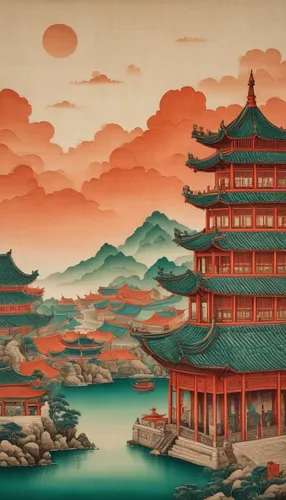 A scroll from a view of a historical Chinese towel and the beauty and splendors of majestic cityscapes. The scroll original hues is dulled, with shades of off-white, beige, or light brown taking over.