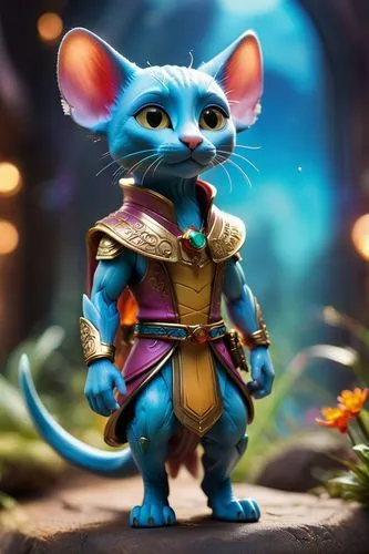 Sphinx cat alien,a blue cat wearing armor is standing on a rock,fantasy animal,storybook character,fairy tale character,pip,pygmy,cat warrior,adventurer,fairytale characters,mouser,mousy,dormouse,summ