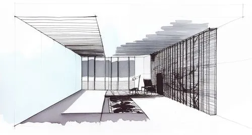 a sketch of a room with some furniture and blinds,sketchup,revit,renderings,gensler,frame drawing,archidaily,3d rendering,moneo,wireframe graphics,unbuilt,parametric,conference room,halderman,wirefram