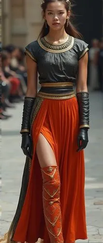 fashion adult teen wear mix colored long elegant dress with short sleeves and  long leather gloves extend to under the sleeves of the dress and color thigh high boots matching the color of the dress (
