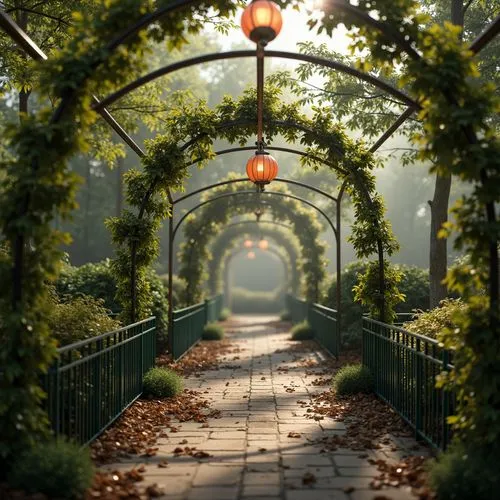 Intricate ironwork bridges, ornate lanterns, flowing organic lines, curved metal arches, botanical-inspired railings, vibrant green patina, rustic stone foundations, warm golden lighting, shallow dept