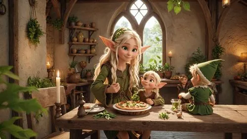 A 3d rendering shoot from a front camera angle about a fantasy scene featuring three elves enjoying a meal together in a cozy indoor setting. the scene is set in a rustic room with a wooden table, can