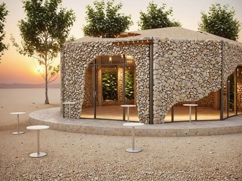 Ultra-realistic eco-luxury cafe architecture, organic natural design, high-end photorealistic materials.

Apply warm beige natural stone with strong displacement, roughness variation, and weathered ال