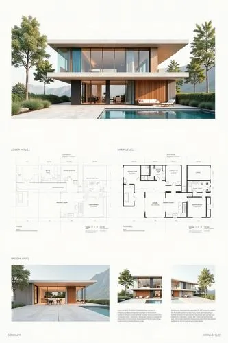 A professional architectural presentation board with a Pure background and a clean, minimalist design layout. The board includes:
Top Section: On the top left, a photorealistic render of a contempora