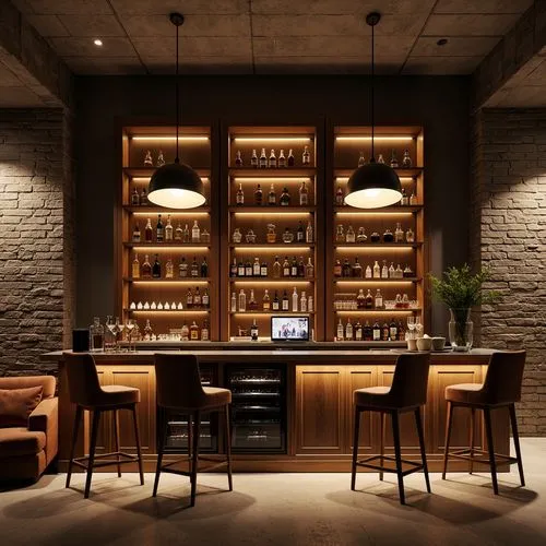 Sophisticated home bar, luxurious wood tones, sleek metal accents, rich leather upholstery, ambient warm lighting, soft glowing pendant lamps, LED strip lights under cabinets, frosted glass shelves, w