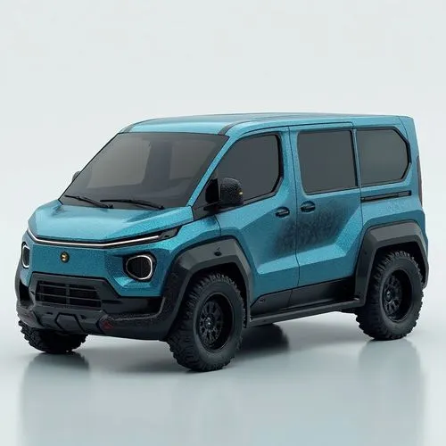 A high-performance electric off-road van with carbon texture, the format is like a bus or a limousine, the vehicle is pure technological and a very futuristic design but their colors is textured with 