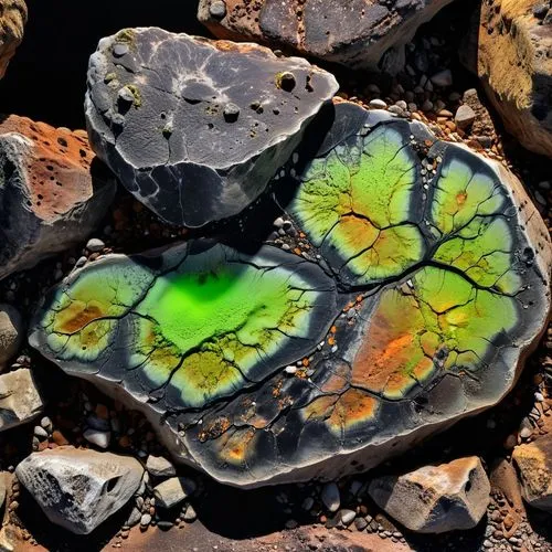 roccia spaccata , lavorata e levigata di colore nero, con all'interno minerali fluorescenti,a group of rocks with plant life embedded in them,stone heart,colored rock,lava stones,colored stones,olivin