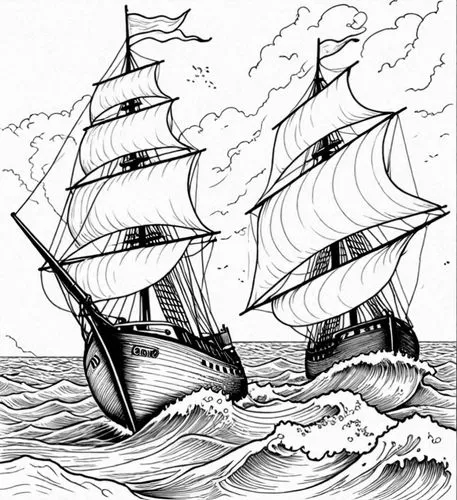 a drawing of a sailing ship on a choppy ocean,whaleships,trireme,whaleship,barquentine,caravel,sail ship