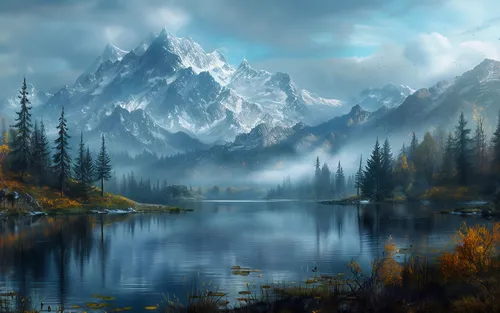 a beautiful view of a mountain lake surrounded by a forest,autumn mountains,fantasy landscape,landscape background,mountain landscape,world digital painting,autumn landscape,mountainous landscape,moun