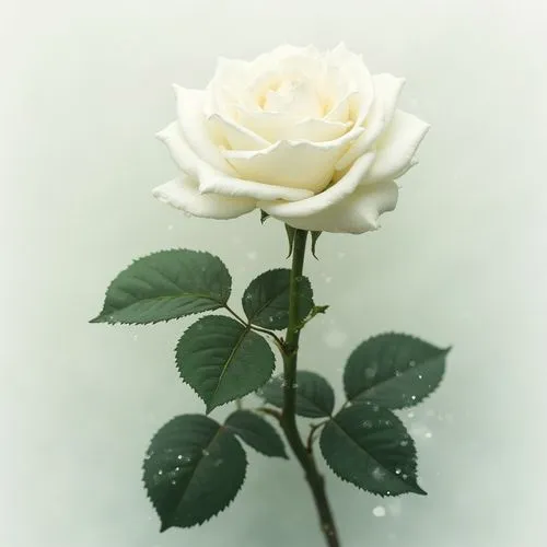 Create a hyper-realistic painting of a single white rose with lush, dark green leaves. The rose should be elegantly positioned, showcasing its intricate layers and delicate petals, set against a soft,