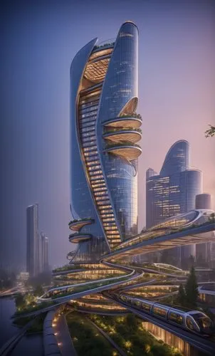 a building connecting to high-speed train ,futuristic architecture,largest hotel in dubai,tallest hotel dubai,tianjin,wuhan''s virus,sky space concept,baku eye,jumeirah,asian architecture,dalian,chine
