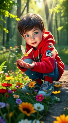 a painting of a child sitting on the ground with flowers,girl in flowers,cartoon flower,cartoon flowers,picking flowers,flower background,girl picking flowers