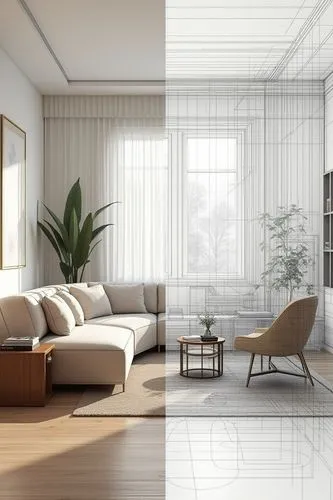 Create a realistic modern spacious room with stylish furniture, where the left side of the image showcases a clear, highly realistic room. As you move to the right, the room begins to dissolve into a 
