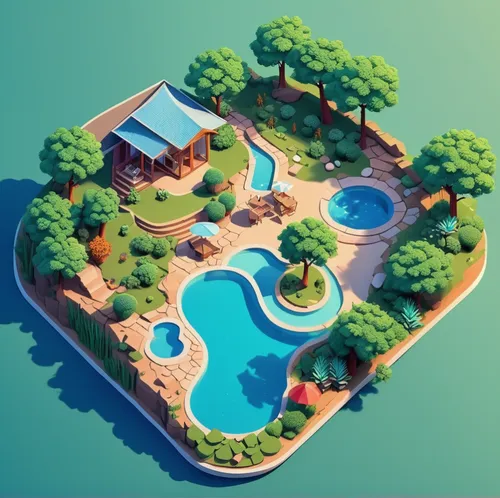 pool house,swimming pool,swim ring,floating island,isometric,dug-out pool,seaside resort,resort,outdoor pool,floating islands,summer cottage,holiday villa,resort town,artificial islands,artificial isl