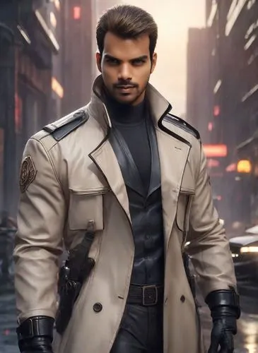"Albert Wesker from Resident Evil, depicted in a hyper-stylized, ultra-high-definition cinematic portrait. Wearing his iconic sleek black tactical trench coat with detailed leather textures, subtle fu