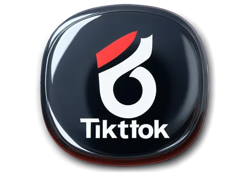 TikTok logo, red and white colors, musical note symbol, rounded square shape, glossy surface, metallic material, detailed texture, center composition, soft lighting, shallow depth of field, vibrant co