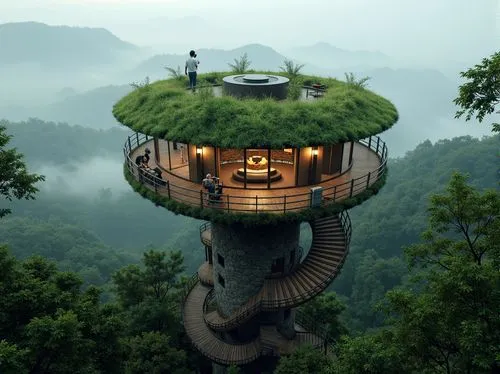 \Watching tower, organic curves, natural stone foundation, lush green roofs, verdant walls, wooden decks, panoramic views, scenic overlooks, binocular installations, telescopes, rustic railings, windi