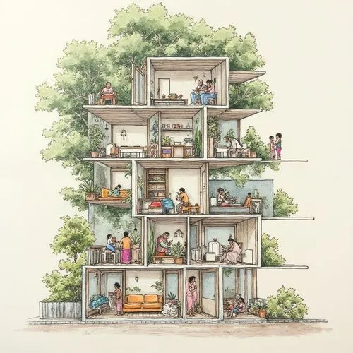 Cross-section sketch of a vertical urban housing tower with open courtyards, double-height living rooms, layered balconies with plants, and realistic Indian families inside — children playing, women c