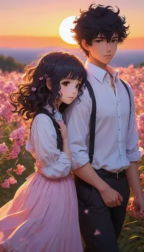 Anime couple, romantic atmosphere, sunset background, warm orange tone, tender gentle facial expressions, sparkling eyes, blushing cheeks, boy with spiky black hair, white shirt, black pants, girl wit