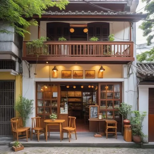A two-story souvenir shop located in the alleys of Tainan Old Street. The ground floor sells local specialties like pastries, tea, and handicrafts, featuring large floor-to-ceiling windows and wooden-