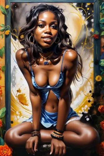 there two cute black girls wearing a big smile and a choker necklace. The background is painted in the style of Frida Kahlo,a woman sitting in front of a painting of flowers,body painting,oil painting