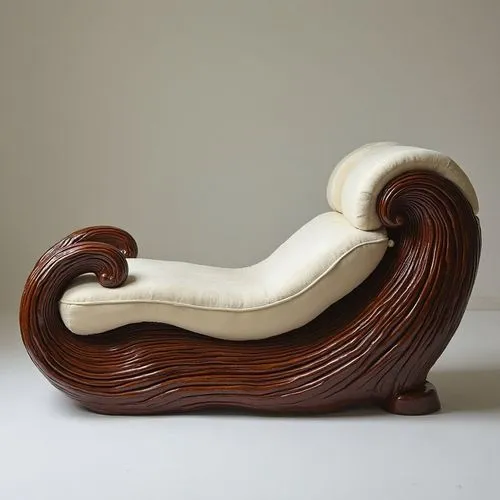 Chaise longue inspired by an ocean wave, with flowing wood carving in dark cherry, brass inlay following the foam lines, and a velvet cushion that blends into the curvature.,an unusual piece of art ma