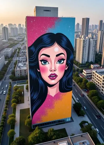 an aerial view of a giant billboard showing a woman,manila,graffiti art,mural,fresh painting,fabric painting,painter doll