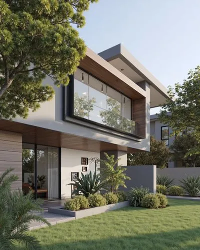 A sleek modern residence made of concrete and glass, surrounded by tropical plants and minimalist landscaping, featuring clean lines, subtle lighting accents, and a contemporary aesthetic, emphasizing