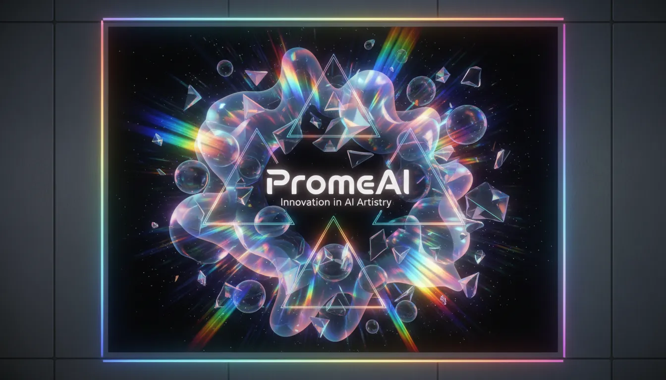 Un vivace poster olografico con effetti di luce prismatica e forme astratte, creato con PromeAI.