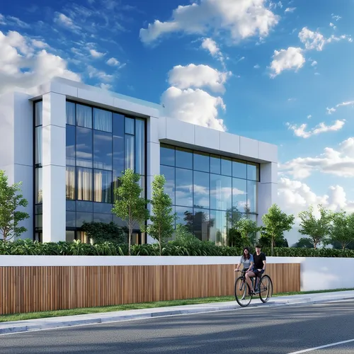 Modern architecture,two people riding bikes past an office building,new housing development,renderings,residencial,newbuilding,metaldyne,new building