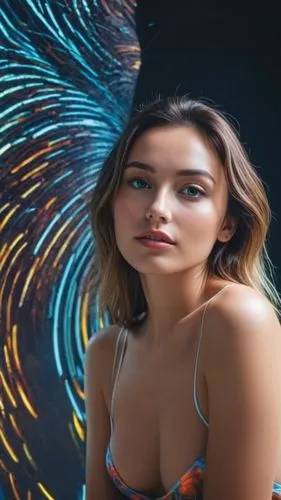 the girl in the dress is posing for a po,hula,fairy peacock,portrait background,neon body painting,colored pencil background,mermaid background