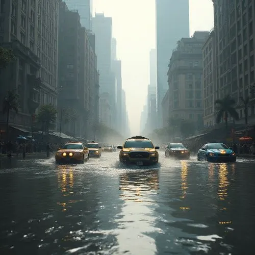 Extreme level view of flood in a city, vehicles are floating in the water, peoples walking through the water and passing through water using small boats,a number of cars driving through water on a cit