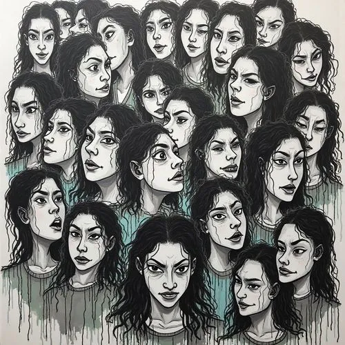 a drawing with various faces and different people,faces,expressions,visages,dissociative,begums,facial expressions,portraits,dissociation,expression,emotions,melodrama,multiplicity,anxiety,dissociated