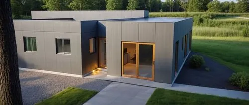 a two story house that looks like it could be built on land,cubic house,cube house,inverted cottage,prefabricated,prefab,modern house,prefabricated buildings,metal cladding,smart house,frame house,tim