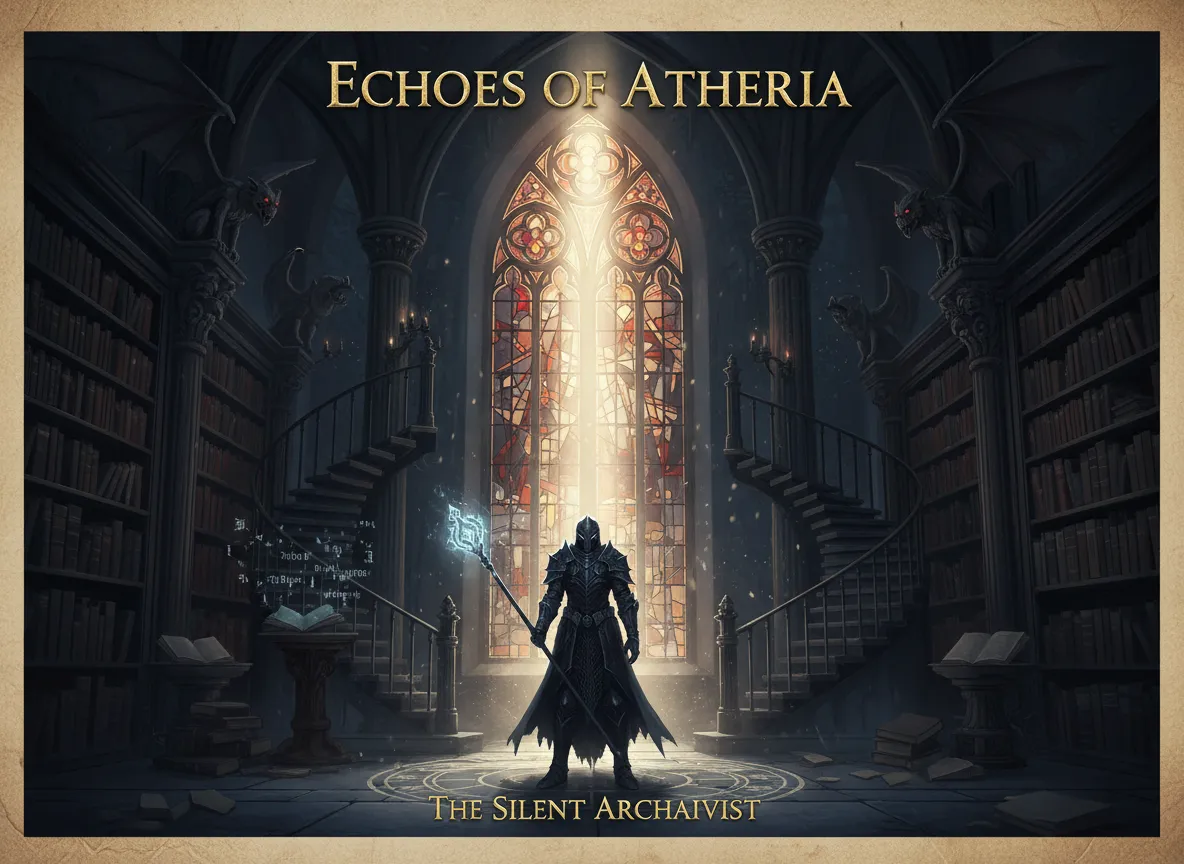 Un poster di arte dark fantasy in cui la luce drammatica da una singola finestra illumina un personaggio in una biblioteca gotica e buia.