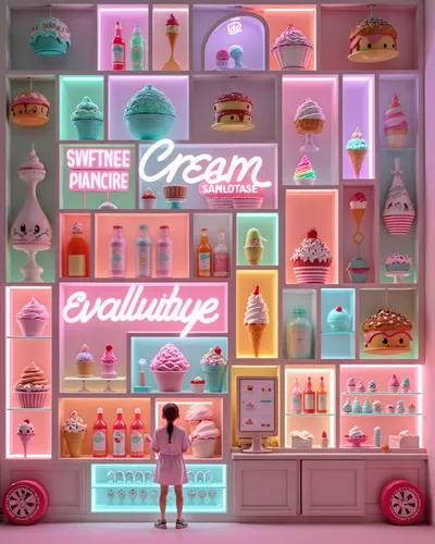 the interior of an ice cream shop with a display of ice cream and sweets,ice cream shop,ice cream icons,ice cream parlor,soda shop,retro diner,soda fountain,ice cream stand,creamery,bakery,pastry shop