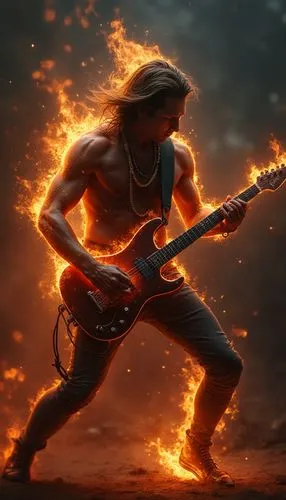 realistic guitarist plays with a burning guitar,a person holding a guitar and standing in front of a fire,guitarist,slash,guitar player,guitar solo,fire artist,firebrand,fire background,fire dancer,fi