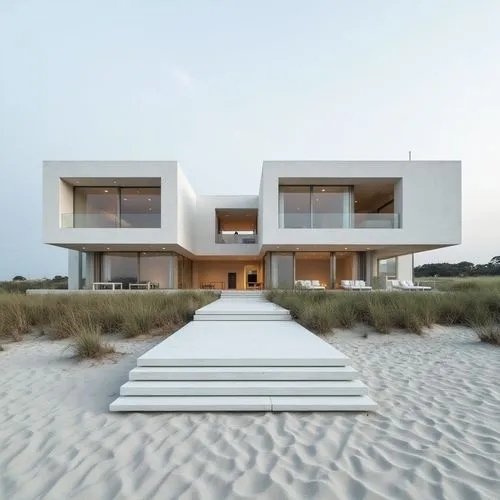  ,a long white staircase sitting in front of two large white buildings,dunes house,amagansett,beach house,cubic house,cube stilt houses,siza,cantilevers,bridgehampton,modern architecture,beachhouse
