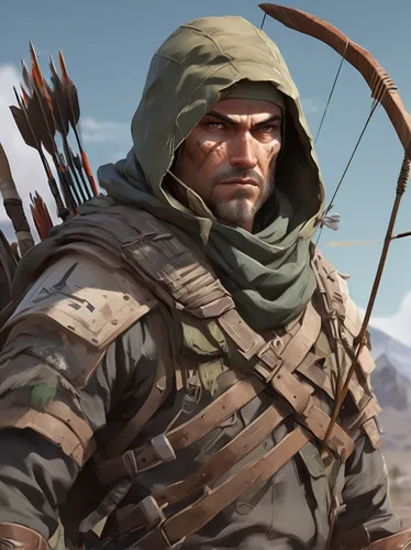 nomad,mercenary,eskimo,assassin,the wanderer,game illustration,massively multiplayer online role-playing game,quarterstaff,robin hood,hooded man,winter sale,mountain guide,hand draw arrows,sniper,draw