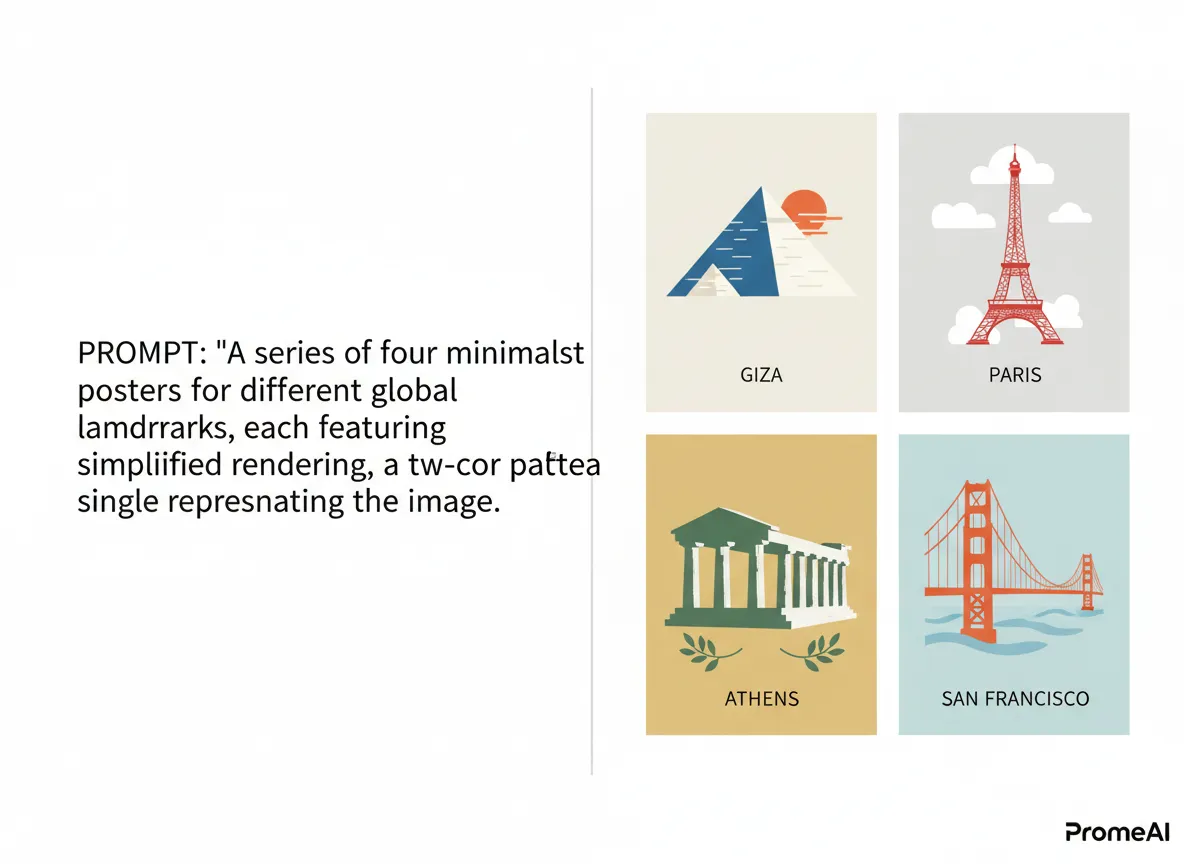 एक स्प्लिट-स्क्रीन दृश्य जिसमें बाईं ओर एक टेक्स्ट प्रॉम्प्ट और दाईं ओर PromeAI द्वारा बनाए गए चार अलग-अलग मिनिमलिस्ट पोस्टर कॉन्सेप्ट दिखाए गए हैं।